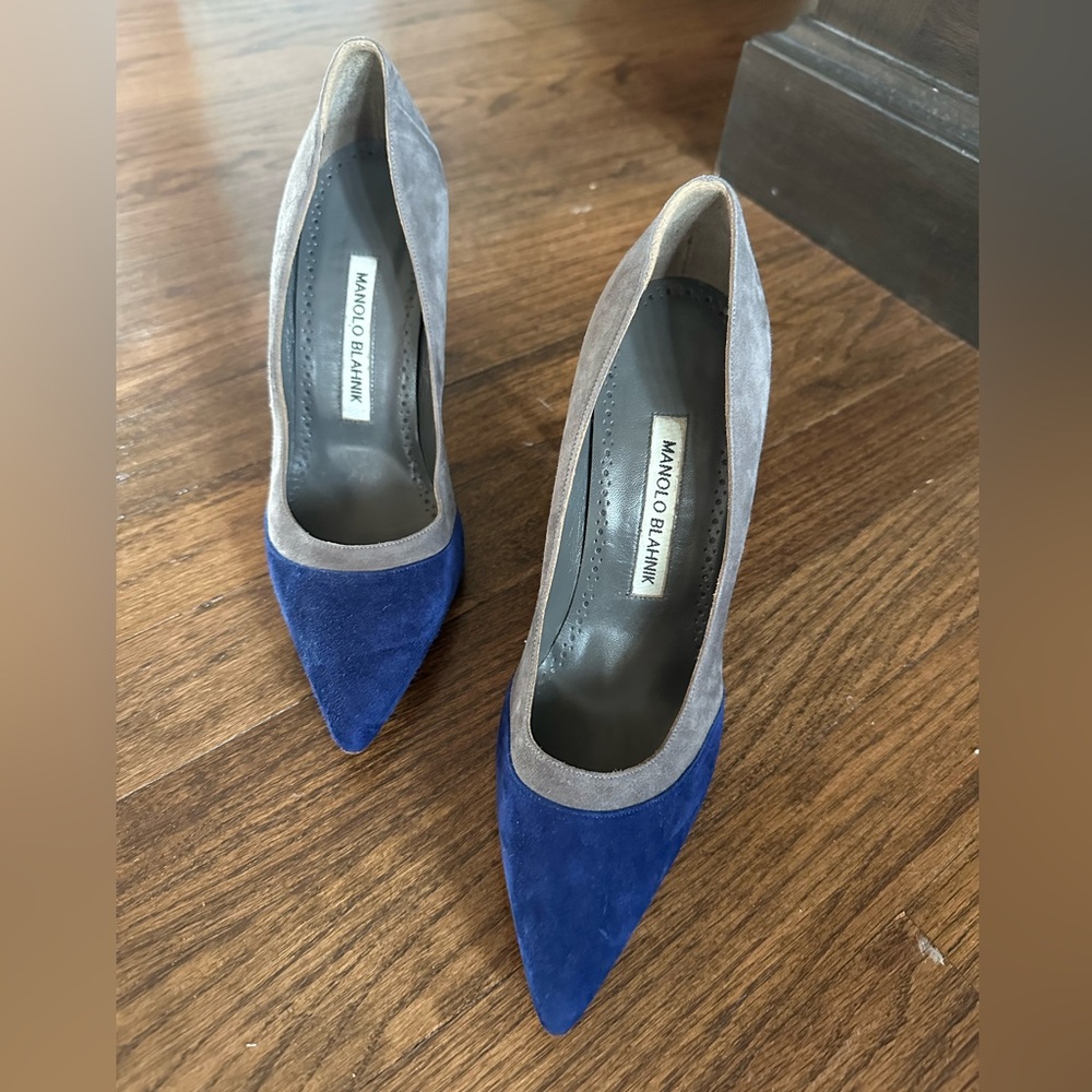 Manolo Blahnik Suede Heels in Blue and Gray